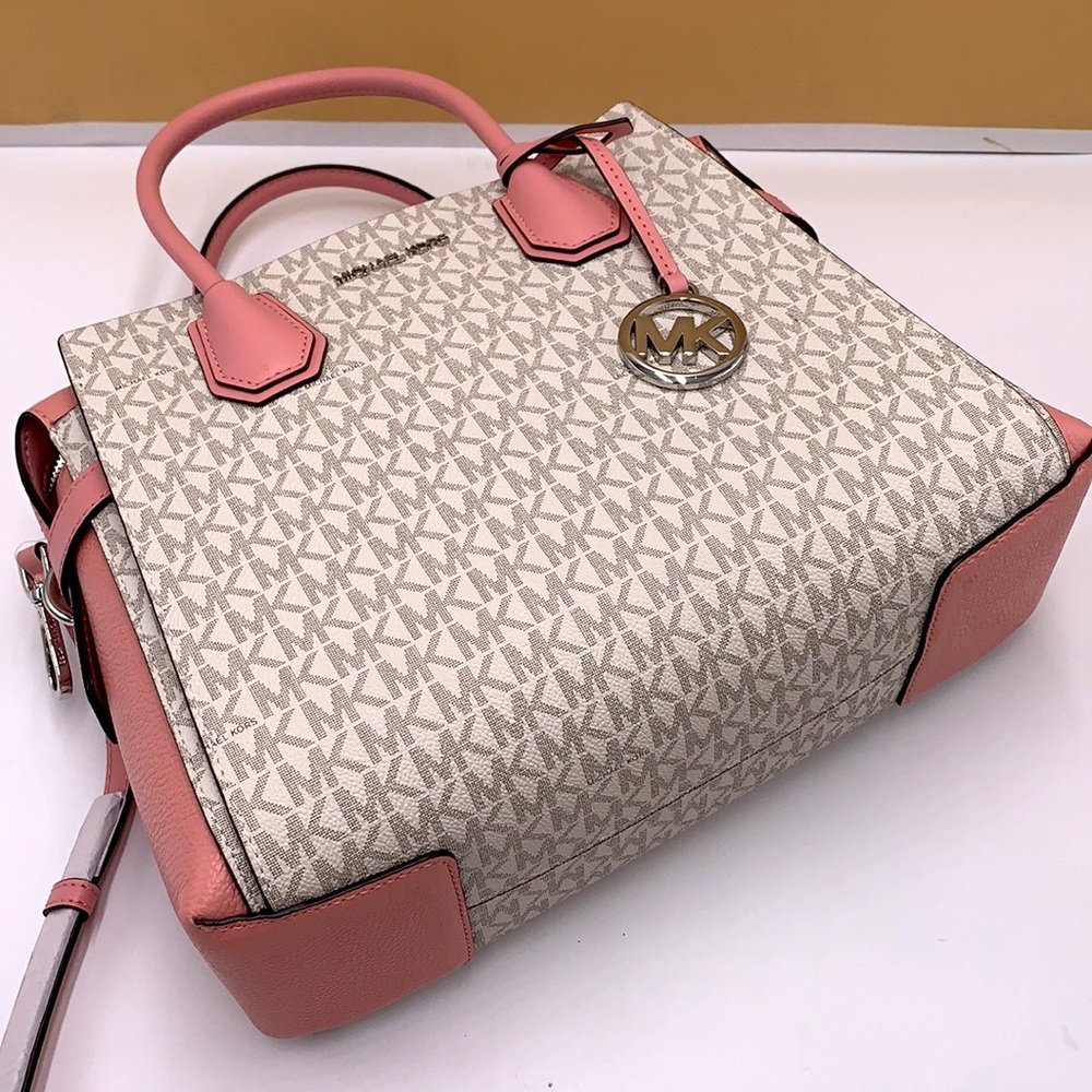 MICHAEL KORS MERCER MEDIUM TOP ZIP BELTED SATCHEL PRIMROSE VANILLA SIGNATURE - Picture 9 of 16